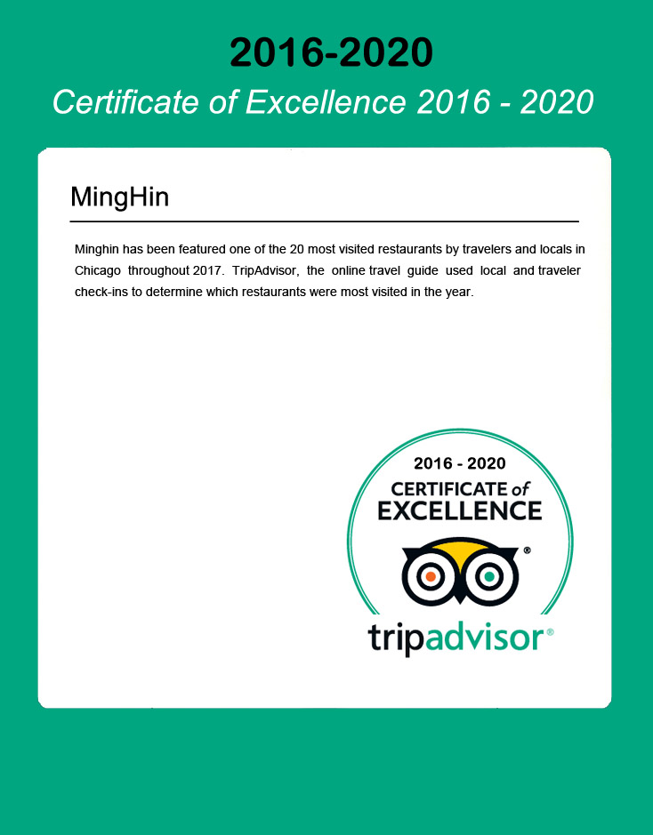 TripAdvisor Certificate of Excellence 2016 to 2020 MingHin