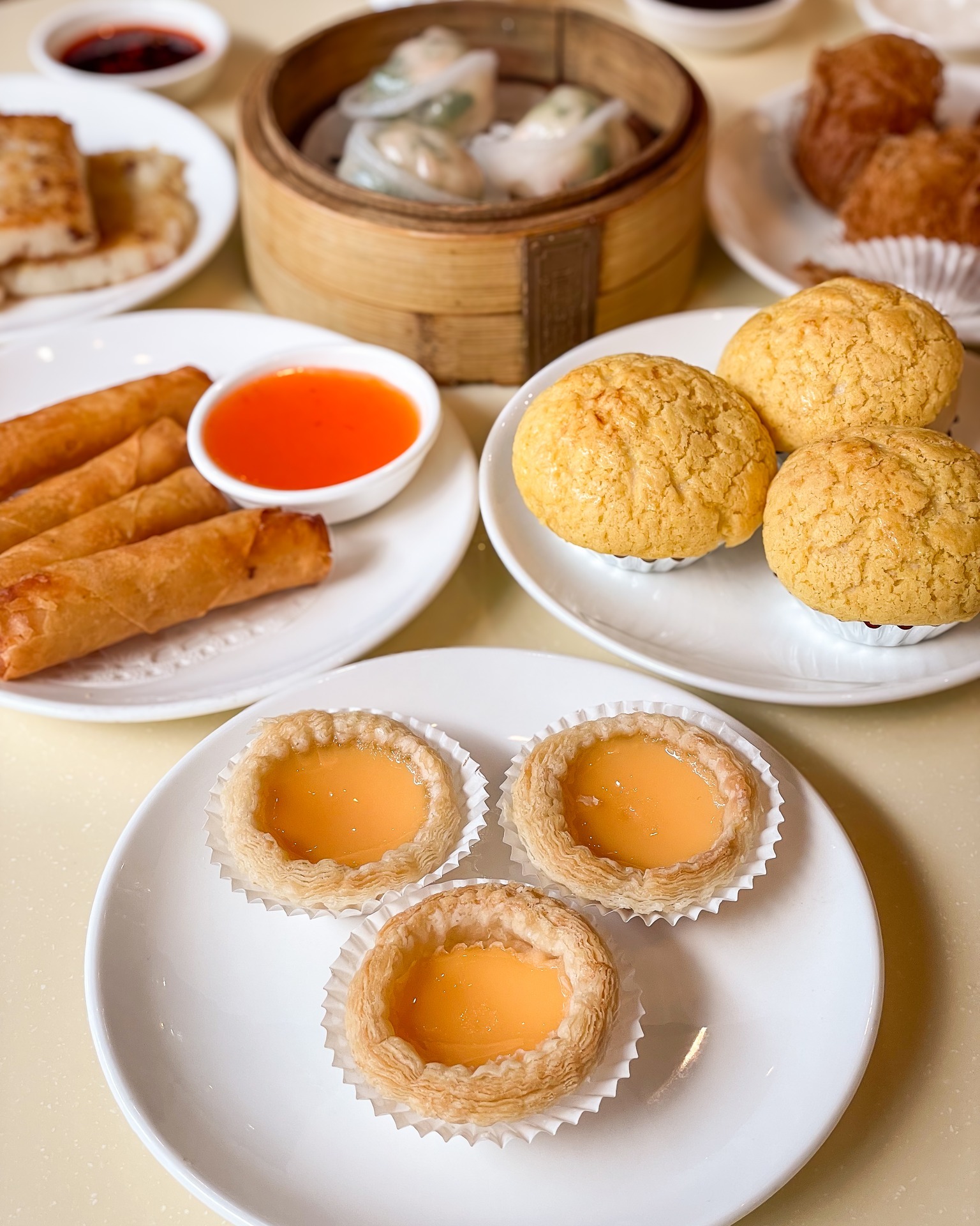 Egg tarts, baked buns, spring rolls, and steamed dim sum at MingHin