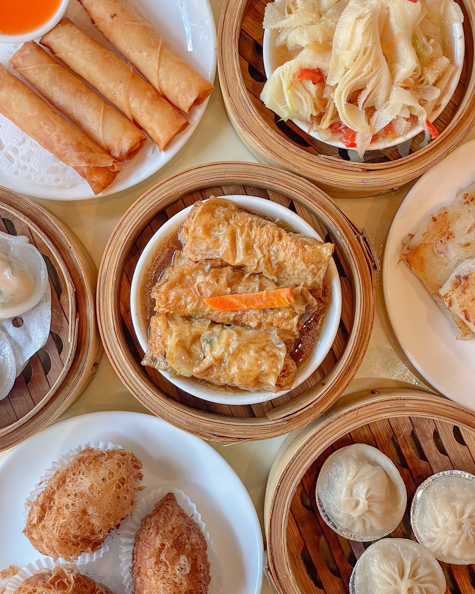 A selection of MingHin dim sum served in bamboo steamers